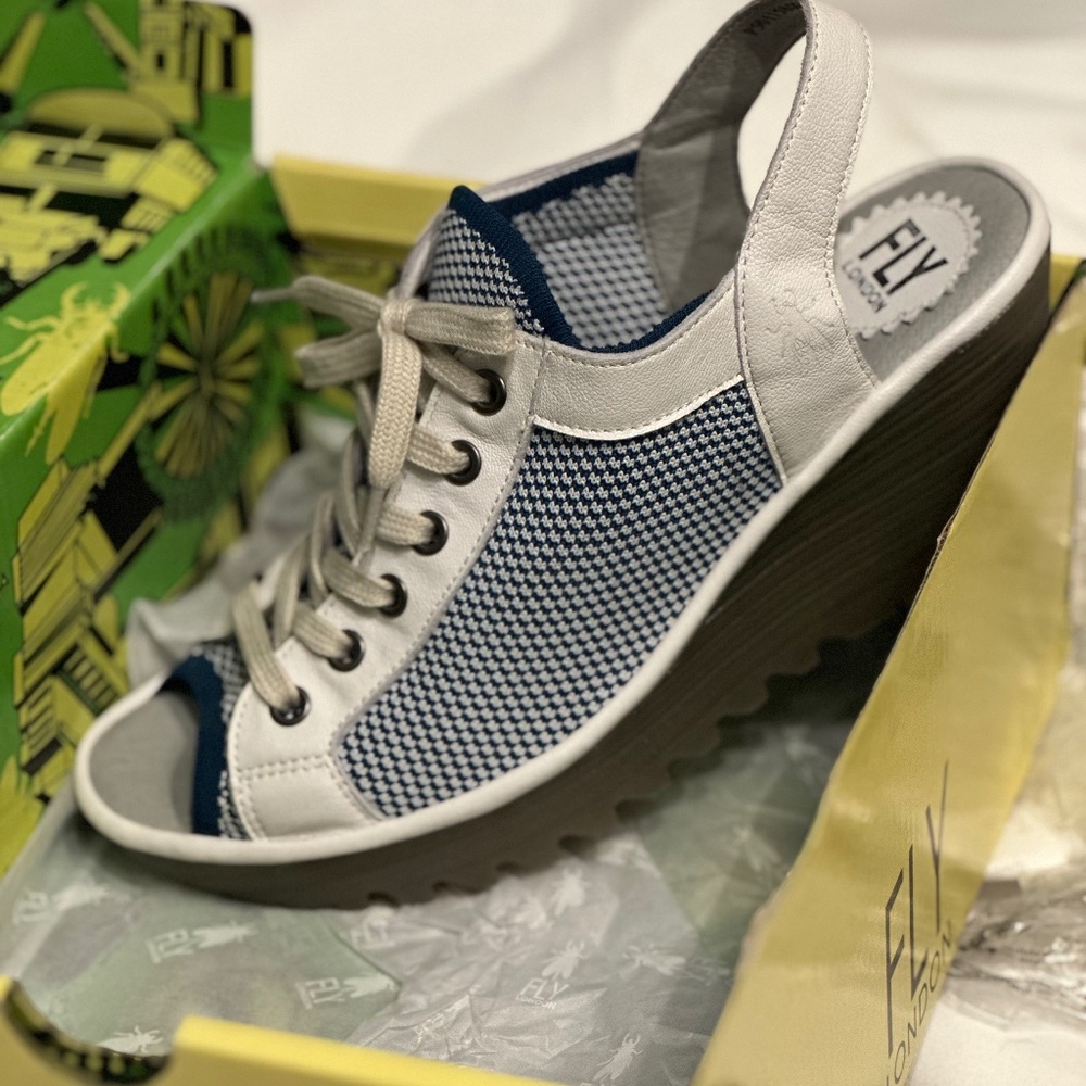 Fly London YEDU 158 Mousse ( Knitt)sneaker lace, blue and white wedge sandal NEW
